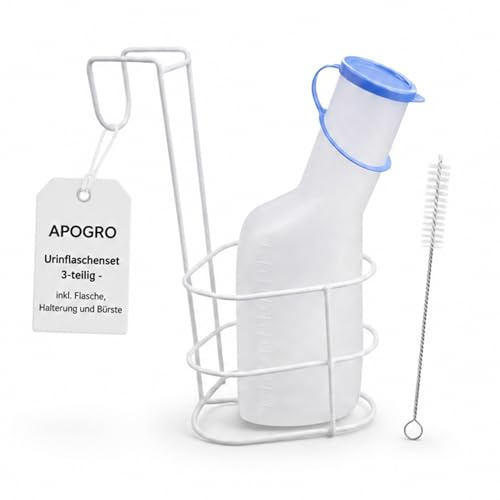 APOGRO Urinflaschenset 3-teilig – Urinflasche mit Deckel, Halter & Reinigungsbürste – für Männer, milchig