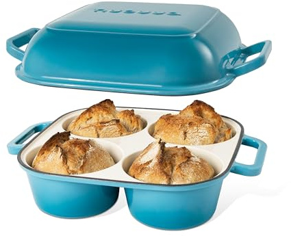 QuadPro Enamelled Cast Iron Bread Loaf Pot – Dutch Oven for Sourdough Bread Baking – 500°F Oven Safe Non Stick Bread Pot – 4 Round Loaf Spaces (12.5cm Diameter), Light Blue – by Nuovva