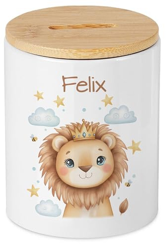 Personalisierte Spardose Bambus mit Name, niedlicher Löwe Krone Design, Geschenk Kinder Geburt Taufe, Jungen Baby Sparschwein, süßer Wunscherfüller