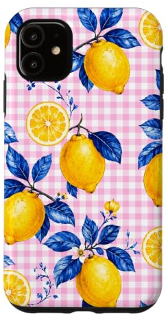 Custodia per iPhone 11 Preppy Cute Cottagecore Estetica Mini Gingham Rosa Limone