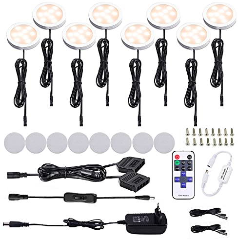 AIBOO LED Luce Sottopensile Cucina Dimmerabile con Telecomando RF Wireless, Illuminazione A LED da Incasso per Armadio, EUR Spina, 8 Luci LED con Display, 12V 16W Under Vetrine(Bianca Calda 2700K)