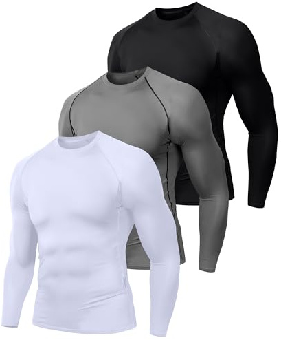 Holure 3 Pack Compression Shirts for Men Long Sleeve Mens Running Top Quick Dry Base Layer Tops for Gym Sports Fitness Workout Black/Grey/White-S