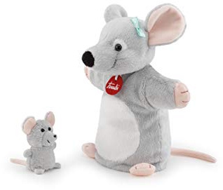 Trudi Puppets 29868 handdocka mus med babymus ca 26 cm (storlek S), mjukisdjur av högkvalitativa material, kärleksfulla detaljer, mycket fluffig, tvättbar, gosedjur och docka för barn, grå/vit