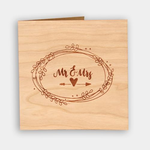 Original Holzgrusskarte - Hochzeitskarte für besondere Glückwünsche zur Hochzeit, Motiv Mr & Mrs, Kirschholz, Hochzeitsbillet, Glückwunschkarte, Postkarte, Geschenkkarte für Ehepaar