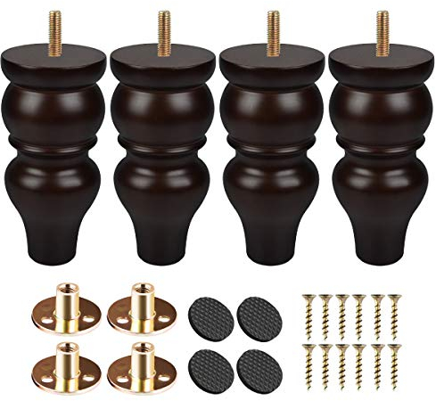 Btowin 6 inch Solid Wood Furniture Legs, 4Pcs Turned Wooden Bun Feet with Threaded M8 Hanger Bolts & Mounting Plate & Screws for Sofa TV Stand Ottoman Couch Armchair