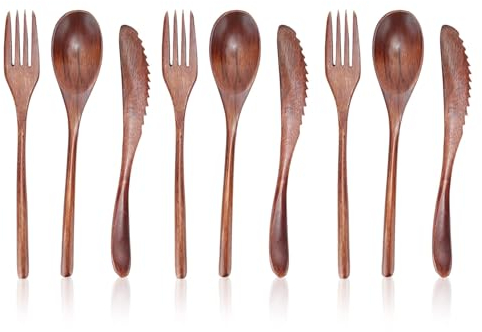 Set di 9 Utensili in Legno, cucchiaio di legno in stile giapponese, forchetta, coltello, portatile stoviglie da viaggio, Multiuso riutilizzabile cucchiaio forchetta coltello per cucina, casa