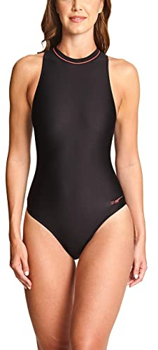 Zoggs Women's Cable Zipped High Neck One Piece Swimsuit, Black/Coral/Eco Fabric, 38-inch Size 14 UK
