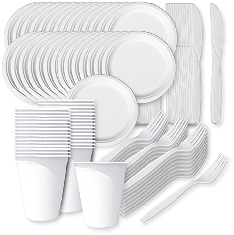 Linario® Einweggeschirr Set aus Zuckerrohr und Maisstärke - je 25 Gabeln, Messer, Teller und Becher