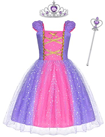 ACWOO Rapunzel prinsessklänning, prinsessa, rapunzel, festklänning, kostym med stav och krona, prinsessklänning, cosplay, kostym för barnflickor, fest, fin utklädnad för halloween, jul