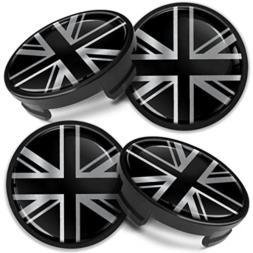Biomar Labs 4 x Center Hubcaps, Compatible with Ford Centre Caps for Alloy Wheels, 54 mm, Silver, Black UK Flag CF 14