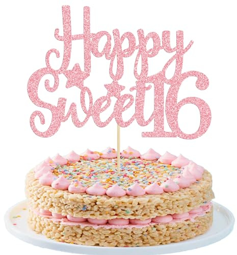 Gyufise 1Pc Pink Glitter Happy Sweet 16 Cake Topper 16th Birthday Cake Topper Sweet 16 Decorations 16th Birthday Decorations
