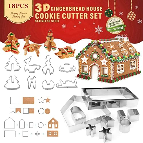 18 pezzi Formine per Biscotti Natalizi 3D,Set Tagliabiscotti Natalizi fai da te,Casa di Marzapane Formine per Biscotti,Stampini Biscotti,per la decorazione della pasticceria biscotto fudge(Natalizi-1)