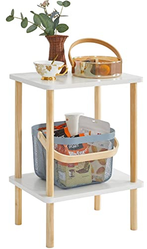 IBUYKE 2-Tier Side Table, Solid Wood Tall End Table with Storage Shelves, Nightstand Bedside Table for Living Room Bedroom Office, No-Tool Assembly, White UWST002W