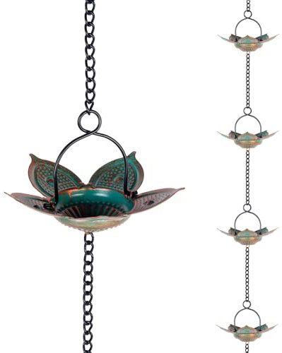 Qipade 8.3 FT Lotus Rain Chain, Metal Rain Chains for Gutters with 12 Cups, Adjustable Rain Catcher Chain for Eaves Drainage, Replacement for Downspout, Outdoor Decor