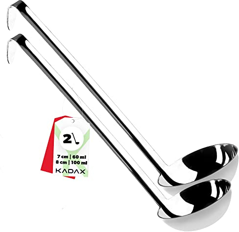 KADAX Set de Louches en Inox 60ml + 100ml, avec Support, Manche Long Ergonomique – Ustensiles de Cuisine, Argent