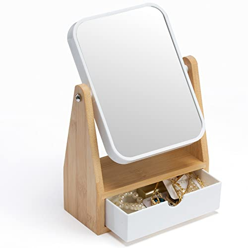 YEAKE Specchio da trucco con vano portaoggetti, 1x3x doppio specchio ingranditore con supporto in bambù naturale regolabile, specchio da lavoro, specchio da bagno (rettangolare)