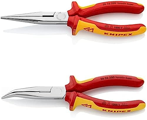 KNIPEX Flachrundzange mit Schneide 200 mm 26 16 200 + KNIPEX Flachrundzange mit Schneide (gebogen) 200 mm 26 26 200, beide verchromt, isoliert mit Mehrkomponenten-Hüllen und VDE-geprüft