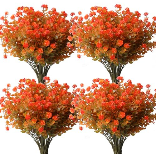 YXYQR 10 Bundles Outdoor Fall Artificial Flowers, Outside Fake Autumn Plants UV Resistant, Indoor Faux Plastic Hanging Greenery Shrubs for Window Box Pot Garden Thanksgiving Decor (Fall Orange)
