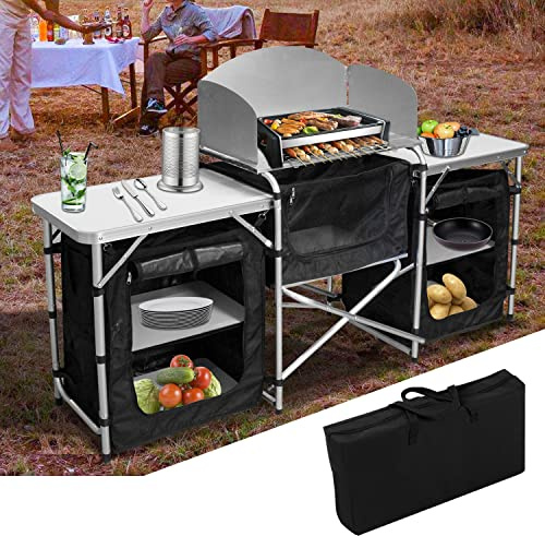 Ikodm campingkök, campingskåp med aluminiumram, hopfällbart campingkök med värmebeständig bänkskiva och praktiskt stänkskydd, inklusive bärväska