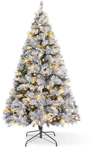 VeryMerry 5FT Pre Lit Snowy Christmas Tree with 200 Built-In Warm White LED Lights with Auto-Off Timer, 8 Lighting Modes, Foldable Metal Stand, Snow Flocked Artificial Tree