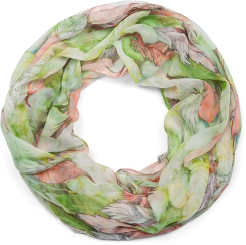 styleBREAKER Damen Loop Schal mit buntem Feder Muster, leichter sommerlicher Boho Schlauchschal mehrfarbig 01016239, Farbe:Grün-Orange