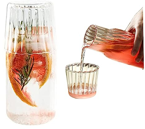 4Pcs Water Carafe Set with Tumbler Glass 600ml Ribbed Bedside Water Carafe with Glass Cup Set Clear Glass Water Pitcher Vintage Glass Mouthwash Bottle Bedside Water Carafe And Glass Set Bedsid