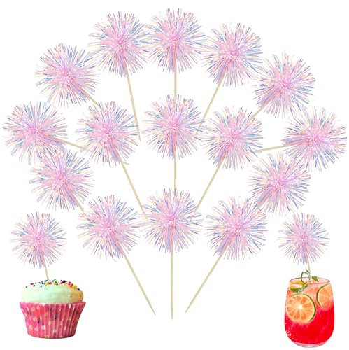 Ephlyn 30Pcs Foil Firework Cupcake Toppers Happy Birthday Cake Toppers Tinsel Flower Drink Stirrers Cocktail Food Fruit Toothpicks for Valentine's Day Party Decorations Pink
