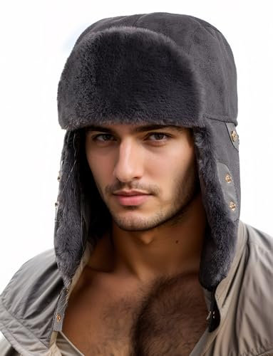 Happy Cherry Männer Frauen Plush Trappermützen mit Druckknopf Russische Hüte Weiche Haltbare Wärmende Hut Winddicht Leichtgewichtige Komfortable Trappermützen Grau