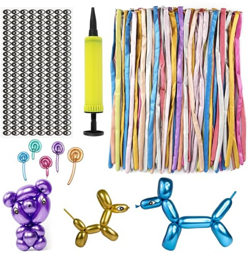 Pack of 100 Modelling Balloons, Long Balloons for Shaping, Modelling Balloons with Pump and Stickers, Colourful Balloons for Birthday, Wedding and Party Decorations