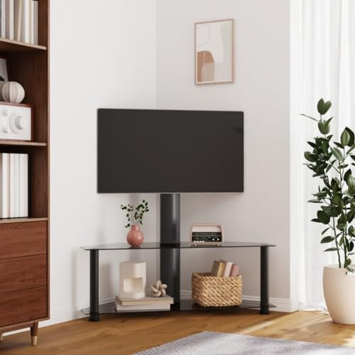 CINDERFUL TV-Eckregal mit 2 Ablagen für 32-70 Zoll Schwarz,Schwenkbares TVEckregal mit Stauraum für Fernseher von 32 bis 70 Zoll TV-Möbel, TV-Bänke