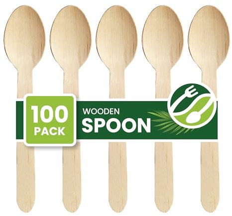 Eco Leaf 100pcs Disposable Wooden Spoons, 16cm, Biodegradable & Compostable Eco-Friendly Cutlery Set for Weddings, Picnics, Parties, Camping & Catering | Sturdy Birch Wood & Bamboo Spoons