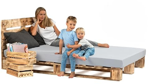 Lermowood Palettenbett M1 aus Holz 140 x 200 cm Geflammt mit Kopfteil Holzbett 20cm Stabiles Seniorenbett Kinderbett Jugendbett Gästebett erhöhtes Einzelbett Bettgestell Futon Komforthöhe Naturholz