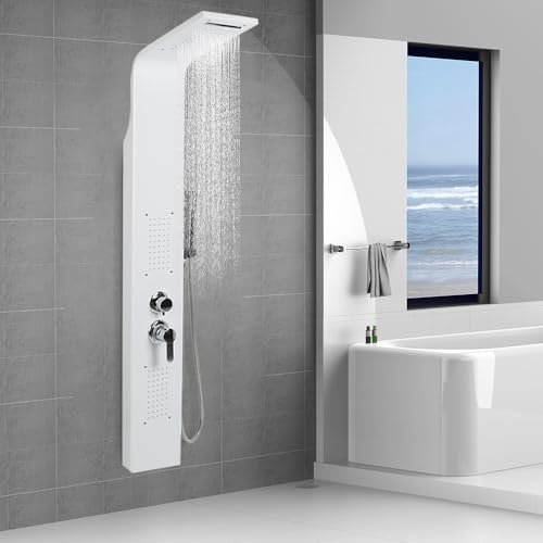 Colonna Doccia Idromassaggio in Acciaio Inox 5 Funzioni Pannello Doccia Set e di Temperaturaper Bagno,Soffione Fisso, Massaggi, Doccetta e Bocca Vasca,7 * 20 * 140 cm - bianco