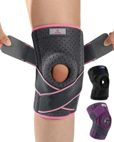 ABYON Kniebandage Verstellbare Knieorthesen mit Seitlichen Stabilisatoren und Patella-Gelpolstern für Männer Damen Knieschmerz, Meniskusriss, Arthritis, Gelenkschmerz (Grau-rosa, S/M)