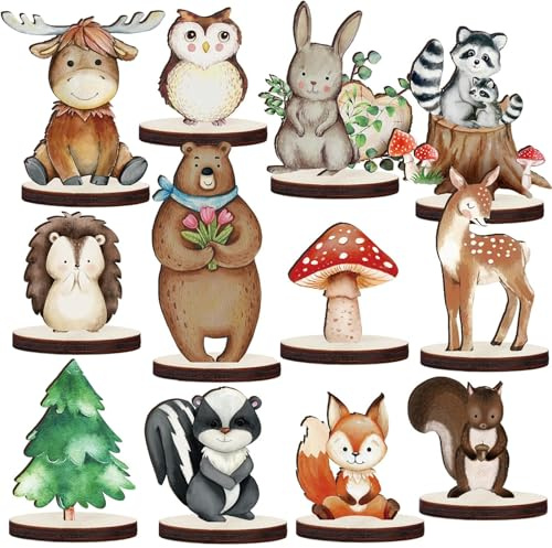 12 Pcs Woodland Animal Figurines Shower Decorations Enchanted Forest Decor,Animals Wood Table Centerpieces Woodland Animals Decor for Forest Camp Party Supplies Birthday Favors Cake Decoration