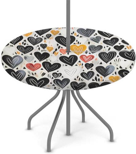 Woltant Nappe ronde avec trou de parasol et fermeture éclair facile à nettoyer avec bords élastiques - Protection de table d'extérieur pour jardin, terrasse, barbecue (cœur noir)