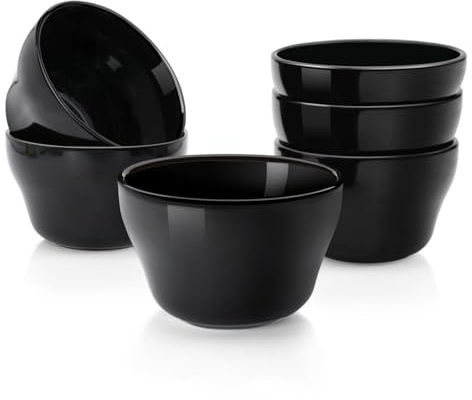 Flexzion Bouillon-Tasse und Suppenschüsseln, 237 ml, Porzellan, 237 ml, kleine Dessertschalen, Dip-Saucenschüssel, 6er-Set, mikrowellen- und spülmaschinenfest, Schwarz