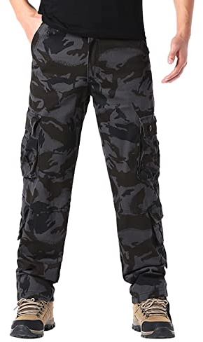 Herr Army Cargo Combat kamouflage andningsbar lätt elastisk midja byxor ren bomull arbetskläder medelhög raka ben byxor fickor hållbar komfort sport löpning jogging träning fitness, Svart, 5XL