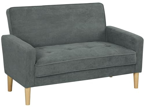 HOMCOM 2 Seater Sofa, Modern Velvet-Feel Sofa with Rubber Wood Legs, Upholstered Tufted Loveseat for Small Space, Living Room, Bedroom, Home Office, Grey
