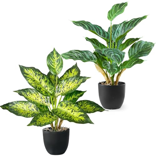 KüNstliche Pflanzen Wie Echt - 2 Stück Künstliche Pflanzen im Topf Zimmerpflanzen, 41cm Plastik Fake Pflanze für Badezimmer Büro Küche Badezimmer Dekoration, Monstera Künstlich & Areca Kunstpalme