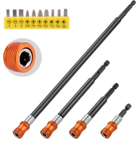 WADEO 14Pcs Magnetic Drill Bit Extension Holder, [2-3/8, 4, 6, 12] [Aluminum Sleeve] [10 Premium Screwdriver Bits], 1/4 Hex Shank Quick Release Extension Adapter