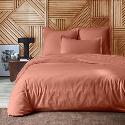 Duquennoy & Lepers - Parure Housse de Couette 2 Personnes en Flanelle 100% Coton - Housse de Couette 260x240 CM avec Rabat et 2 Taies d'oreiller - Uni Corail