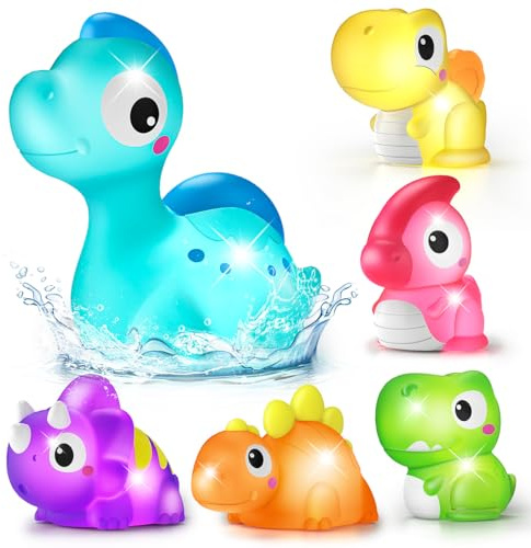 6 Packs Light Up Bath Toys for 1 2 Year Old, Dinosaur Bathtub Toys with Flashing LED Light for Toddlers Age 1-3, Water Shower Pool Toys for Boys Girls Baby Kids Christmas Birthday Gifts