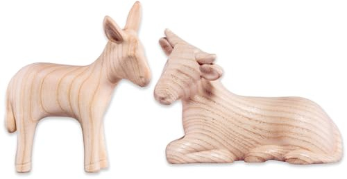 Akantus Krippentiere Set 2-teilig aus Holz – Ochs & Esel für Weihnachtskrippe – liebevoll Geschnitzte Krippenfiguren aus Eschenholz – Ergänzungsset zur Krippe aus Südtirol