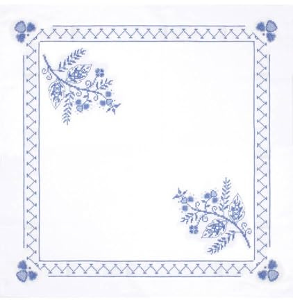 Trimits Kreuzstich-Set – Tischdecke – inklusive bedrucktem Stoff, Garn, Nadel und Anleitung, 80 x 80 cm, blaues Blumenmuster