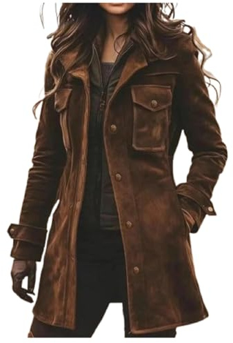 MERCH ATTIRE Lujosa chaqueta de campo de piel de ante marrón para mujer, estilo vintage, Marrón - Piel de ante, 4XL