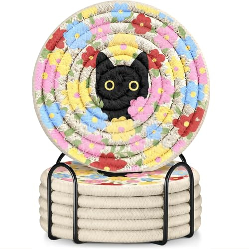 Zosutetoxo 6Stück Set Untersetzer Gläser mit Halter, Saugfähige Glasuntersetzer aus Baumwolle, Hitzebeständige Tischmatte, Süßes Katzen Design, Weiche Tassenuntersetzer Küche, tolle Geschenkidee