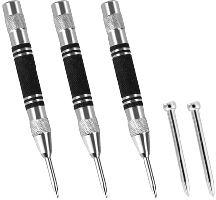 3 PCS Centre Punch, Set Automatic Spring Loaded Centre Punch Tool with 2 Replacement Tips, 5 Inch Adjustable One Hand Operation for Metal Wood Glass Precision Marking DIY Tool