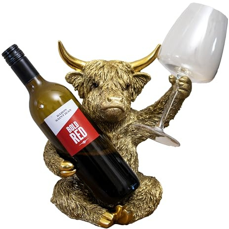 Darthome Gold Highland Cow Wine Bottle and Glass Holder, Resin, Gold Finish, Bar or Kitchen Decor