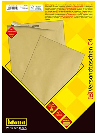 Idena 10234 - Versandtaschen DIN C4, 10 Stück haftklebend, Briefumschläge ohne Fenster, aus 90 g/m² FSC-Recycled Papier in Braun